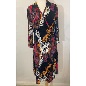 Essential by Milano boho Style Overprinted Belted V-neck Sleeve 3/4 Dress Sz M